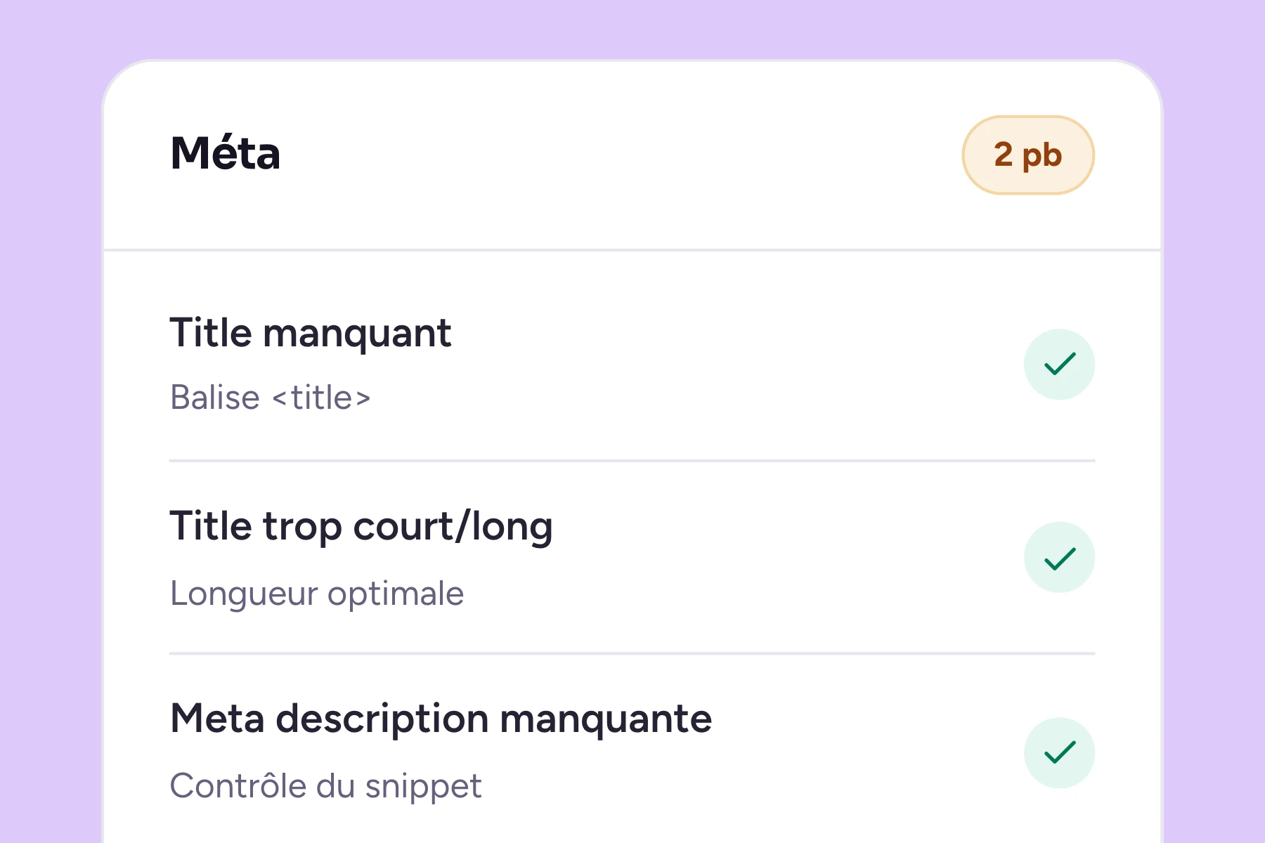 Le haut de la carte « Méta » de la checklist réelle : présence et longueur du title, présence de la meta description.