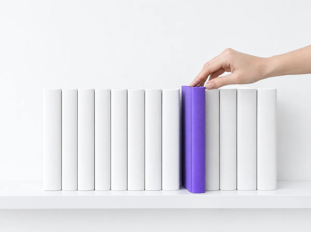 Illustration : une rangée de livres blancs sans titre, dont un à la tranche violette est tiré vers l’avant.